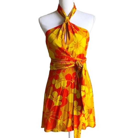 Faithful The Brand Odette Surfs Up Floral Crepe Halter Mini Dress Size 4 - Picture 5 of 14